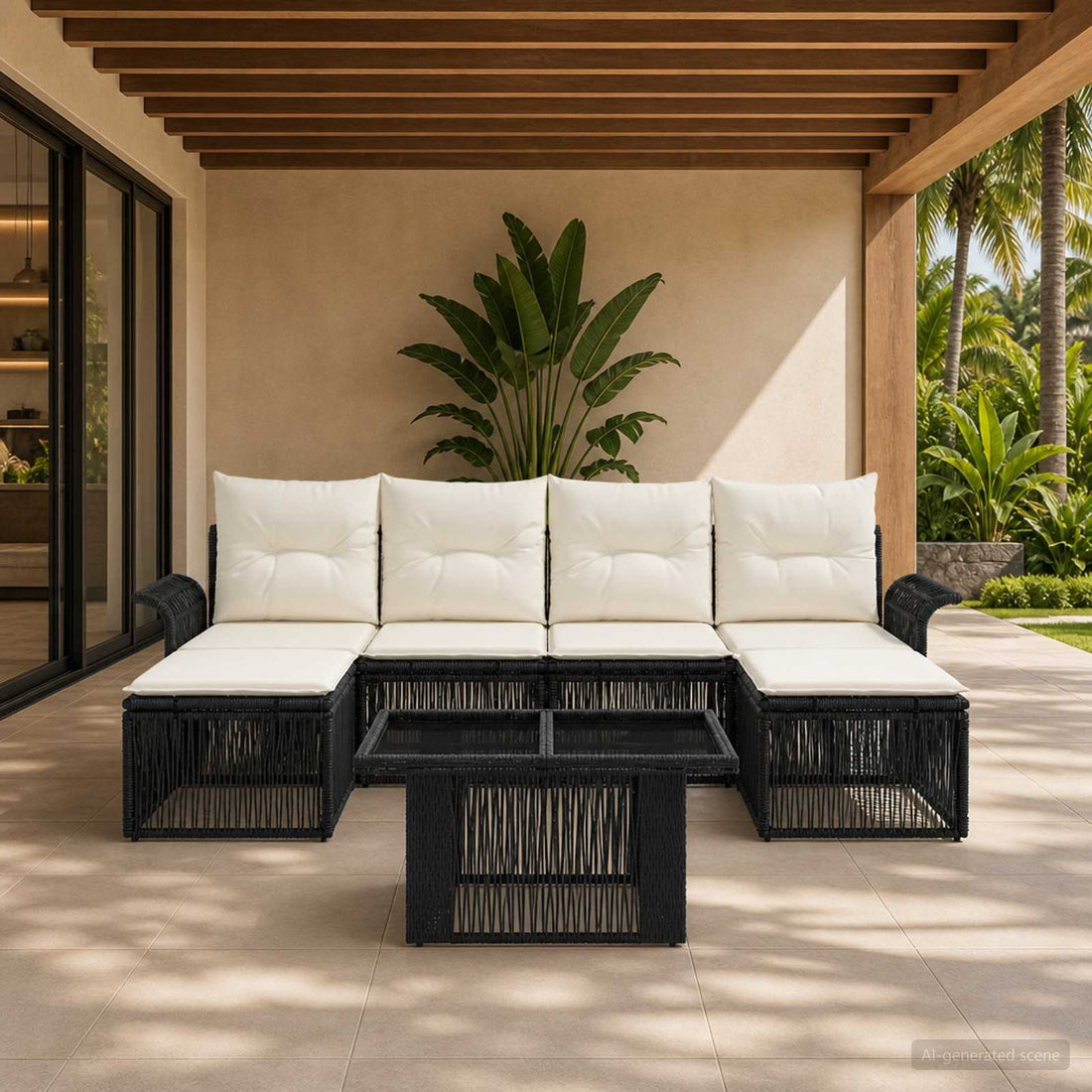 vidaXL Conjunto de sofás de jardín 7 uds. Negro y Blanco Crema
