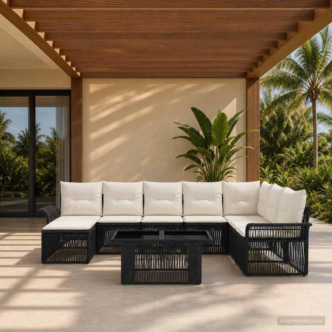 vidaXL Conjunto de sofás de jardín 9 uds. Negro y Blanco Crema