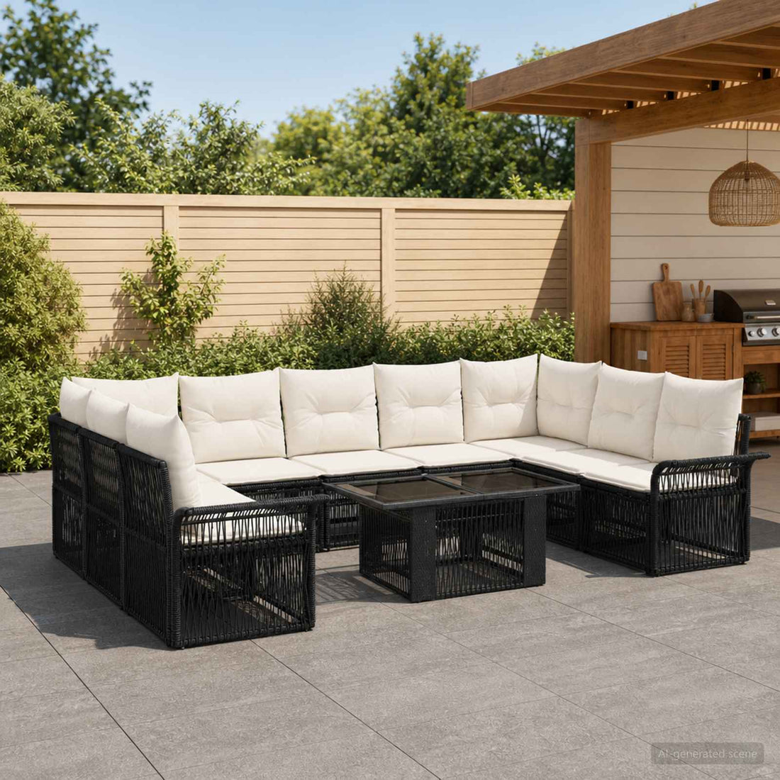 vidaXL Conjunto de sofás de jardín 10 uds. Negro y Blanco Crema