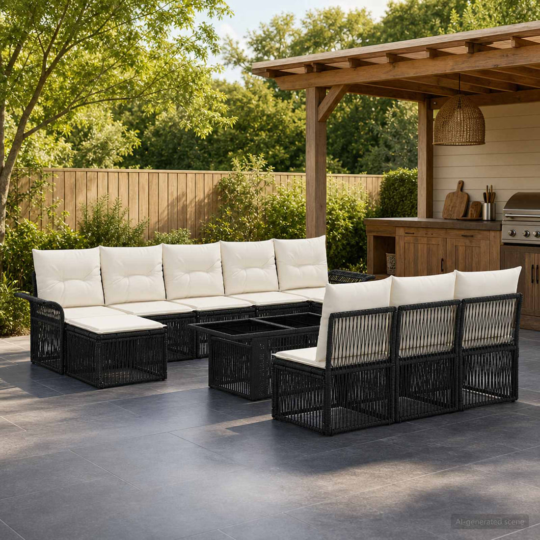 vidaXL Conjunto de sofás de jardín 11 uds. Negro y Blanco Crema