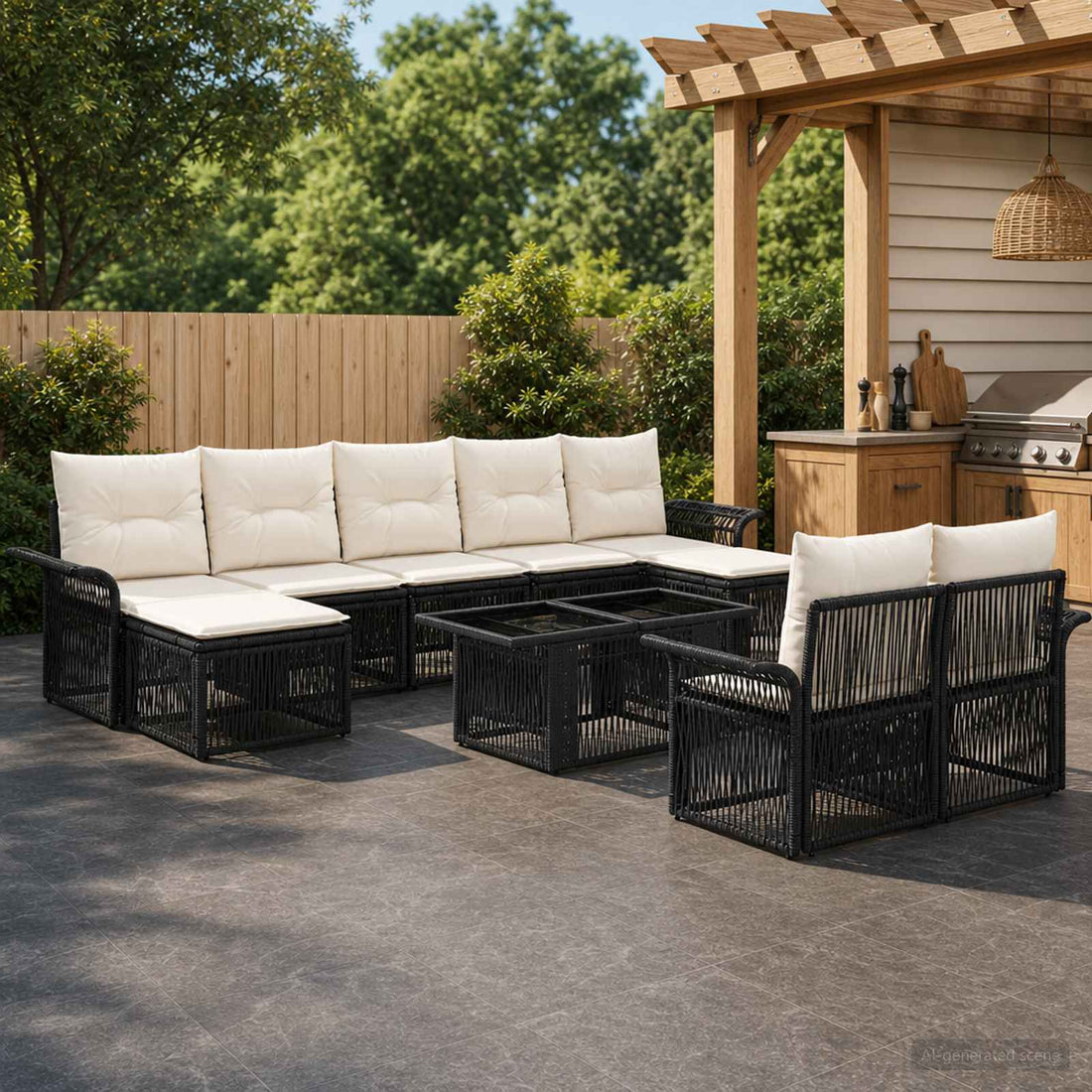 vidaXL Conjunto de sofás de jardín 10 uds. Negro y Blanco Crema