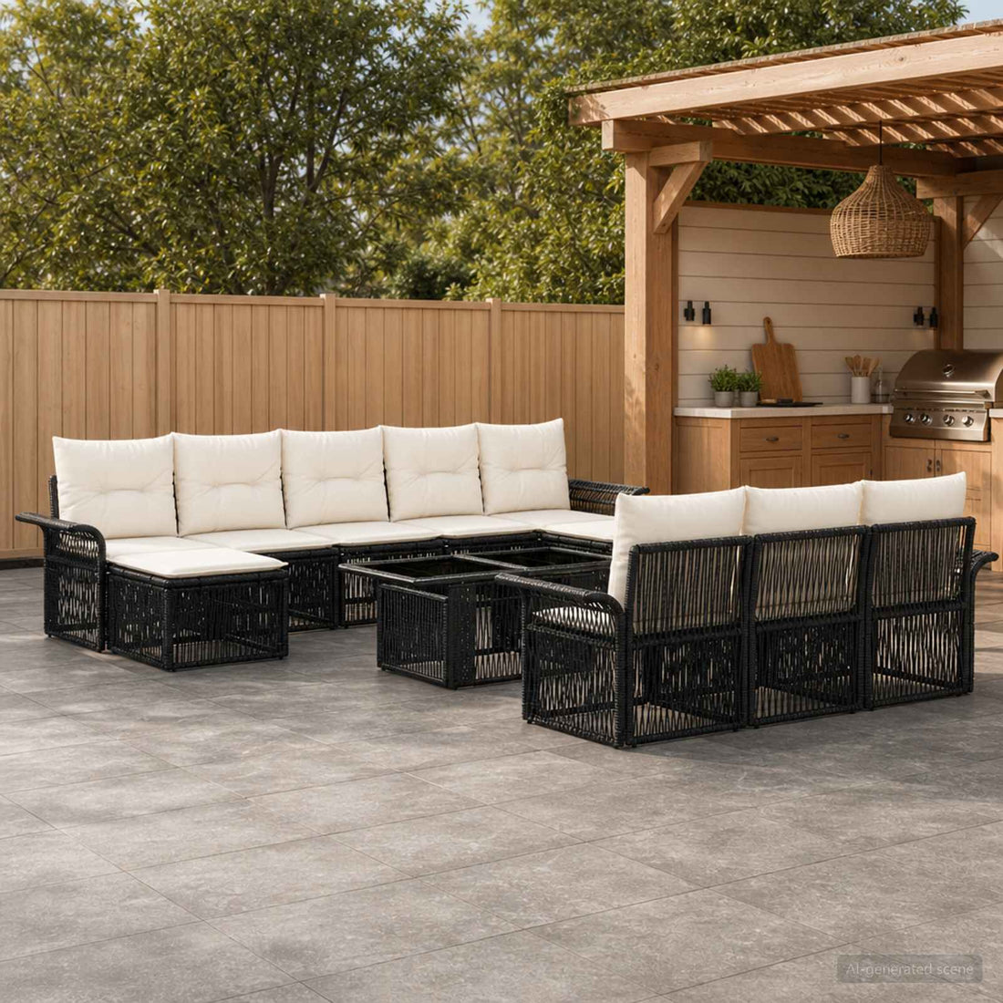 vidaXL Conjunto de sofás de jardín 11 uds. Negro y Blanco Crema