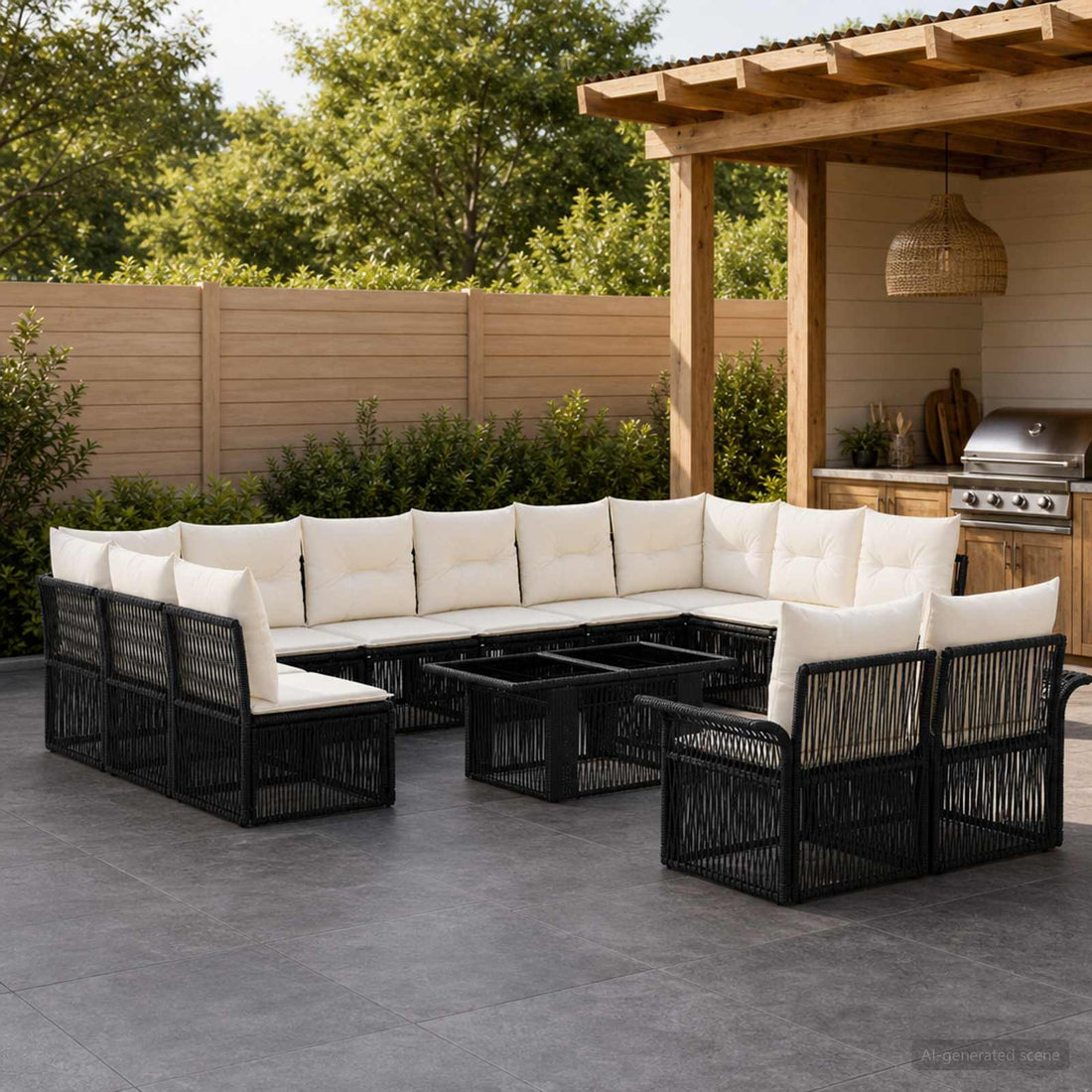 vidaXL Conjunto de sofás de jardín 13 uds. Negro y Blanco Crema