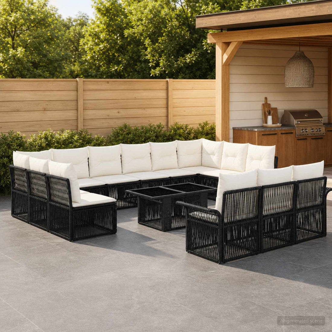 vidaXL Conjunto de sofás de jardín 14 uds. Negro y Blanco Crema