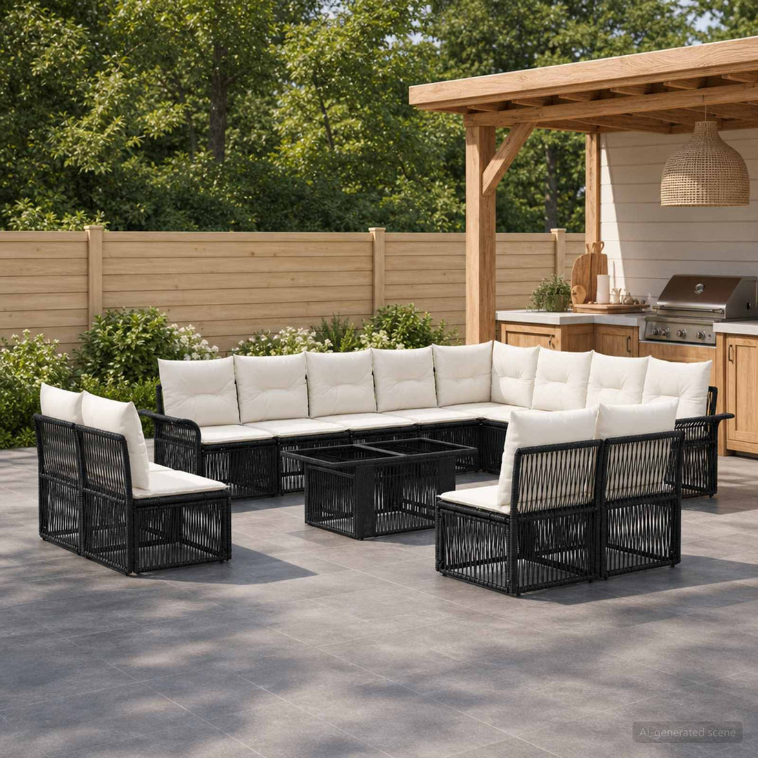 vidaXL Conjunto de sofás de jardín 13 uds. Negro y Blanco Crema