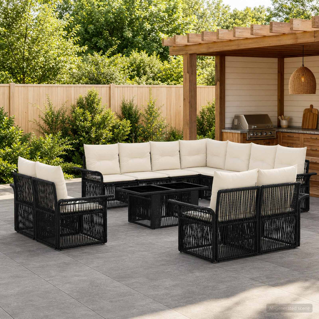 vidaXL Conjunto de sofás de jardín 12 uds. Negro y Blanco Crema