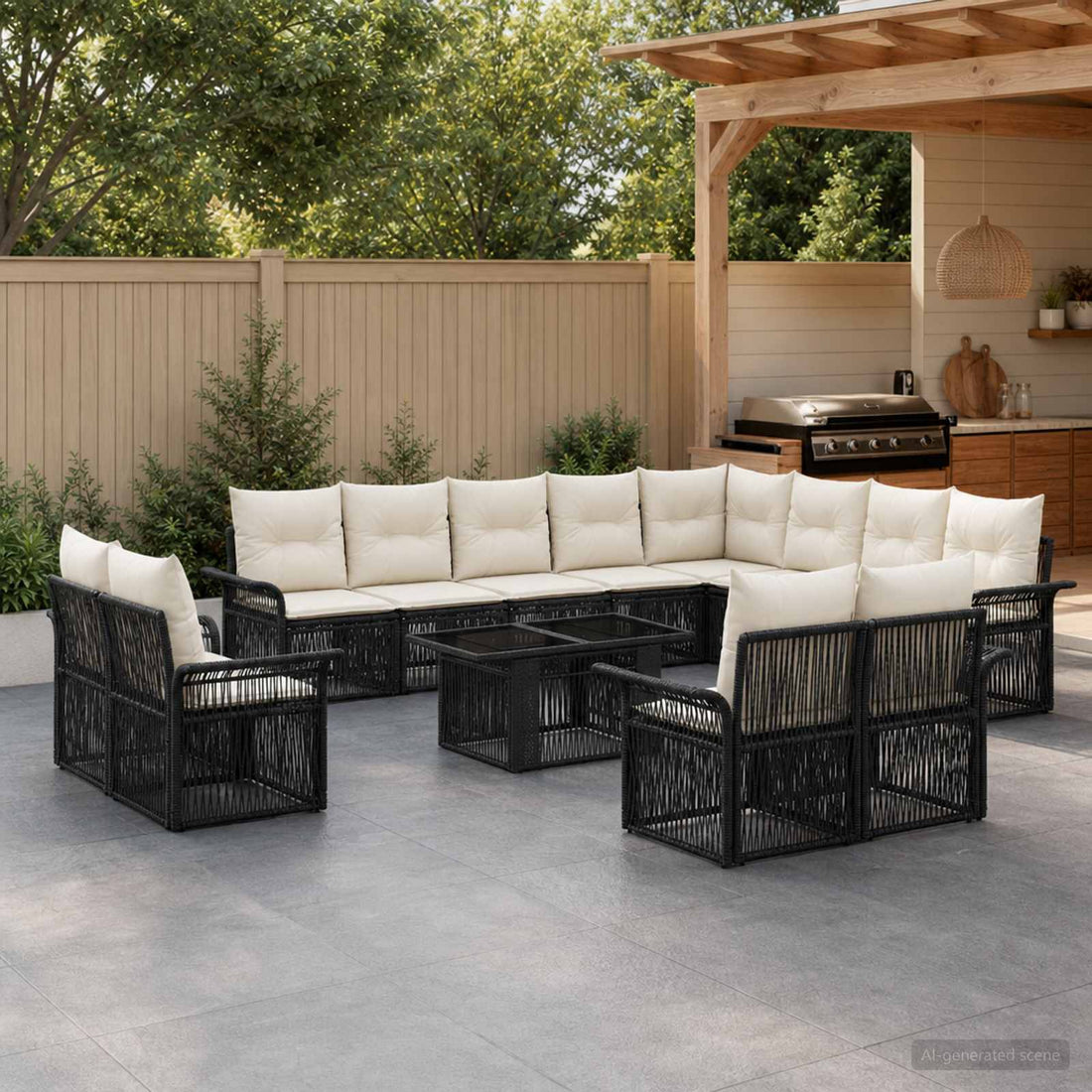 vidaXL Conjunto de sofás de jardín 13 uds. Negro y Blanco Crema