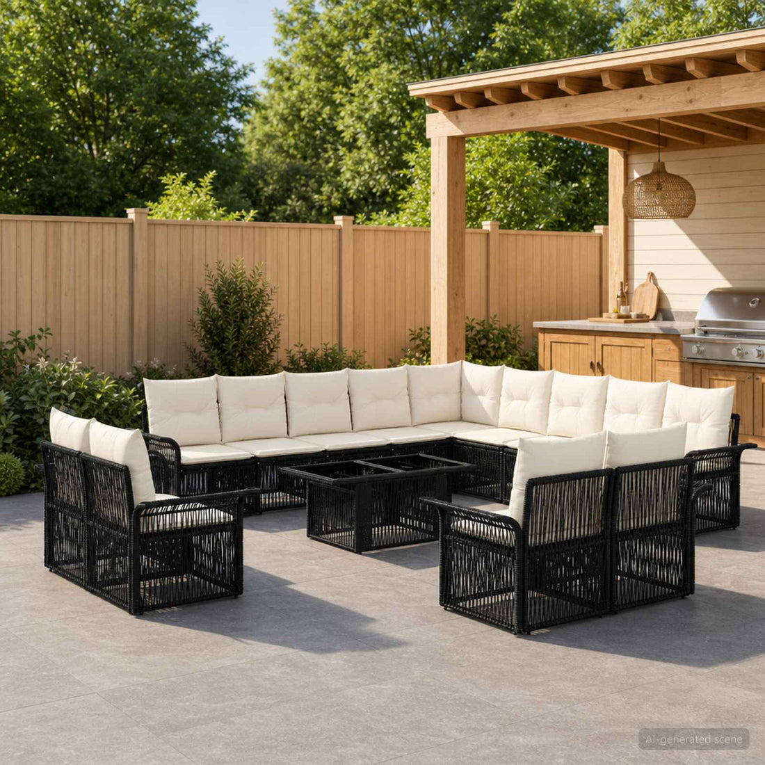 vidaXL Conjunto de sofás de jardín 14 uds. Negro y Blanco Crema