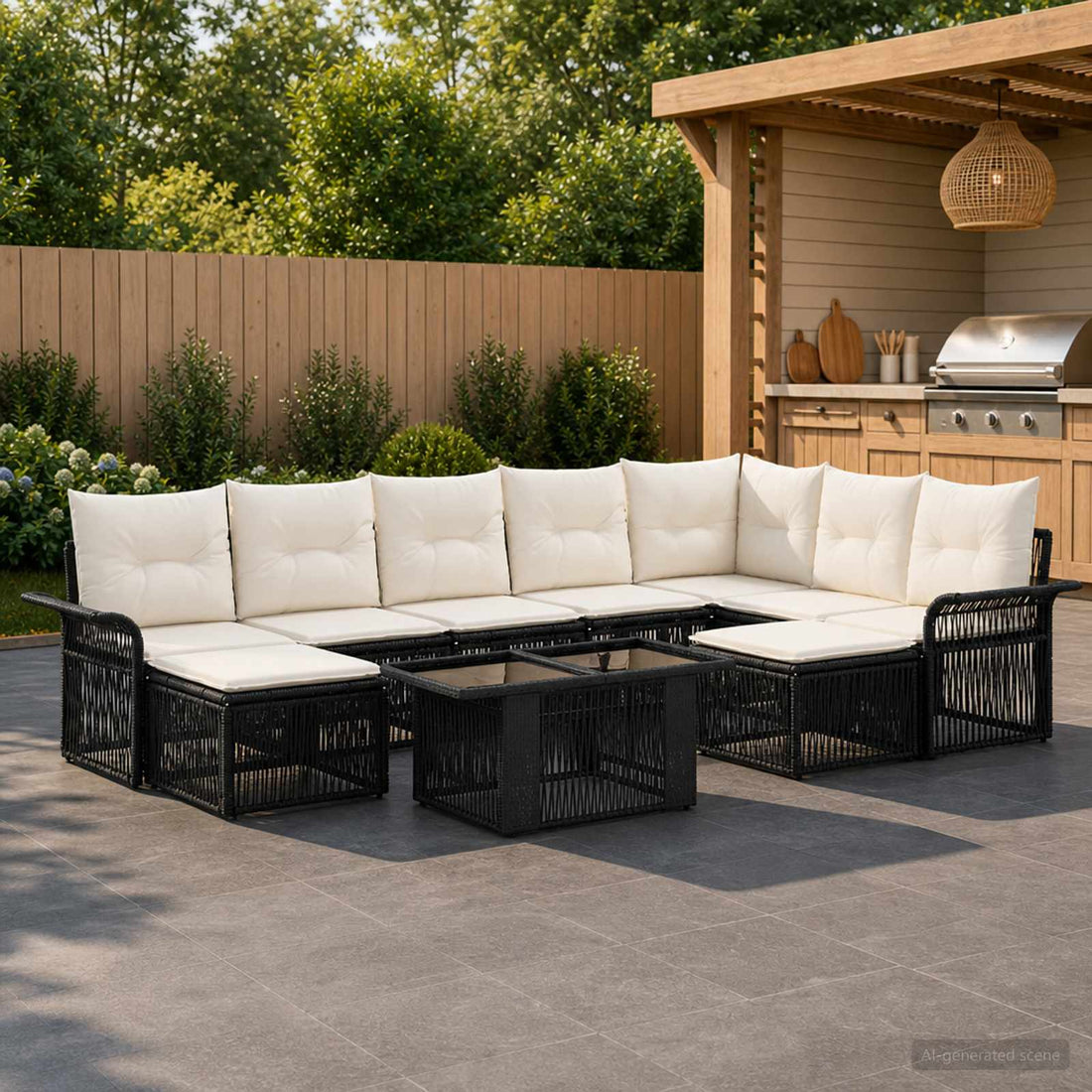 vidaXL Conjunto de sofás de jardín 10 uds. Negro y Blanco Crema