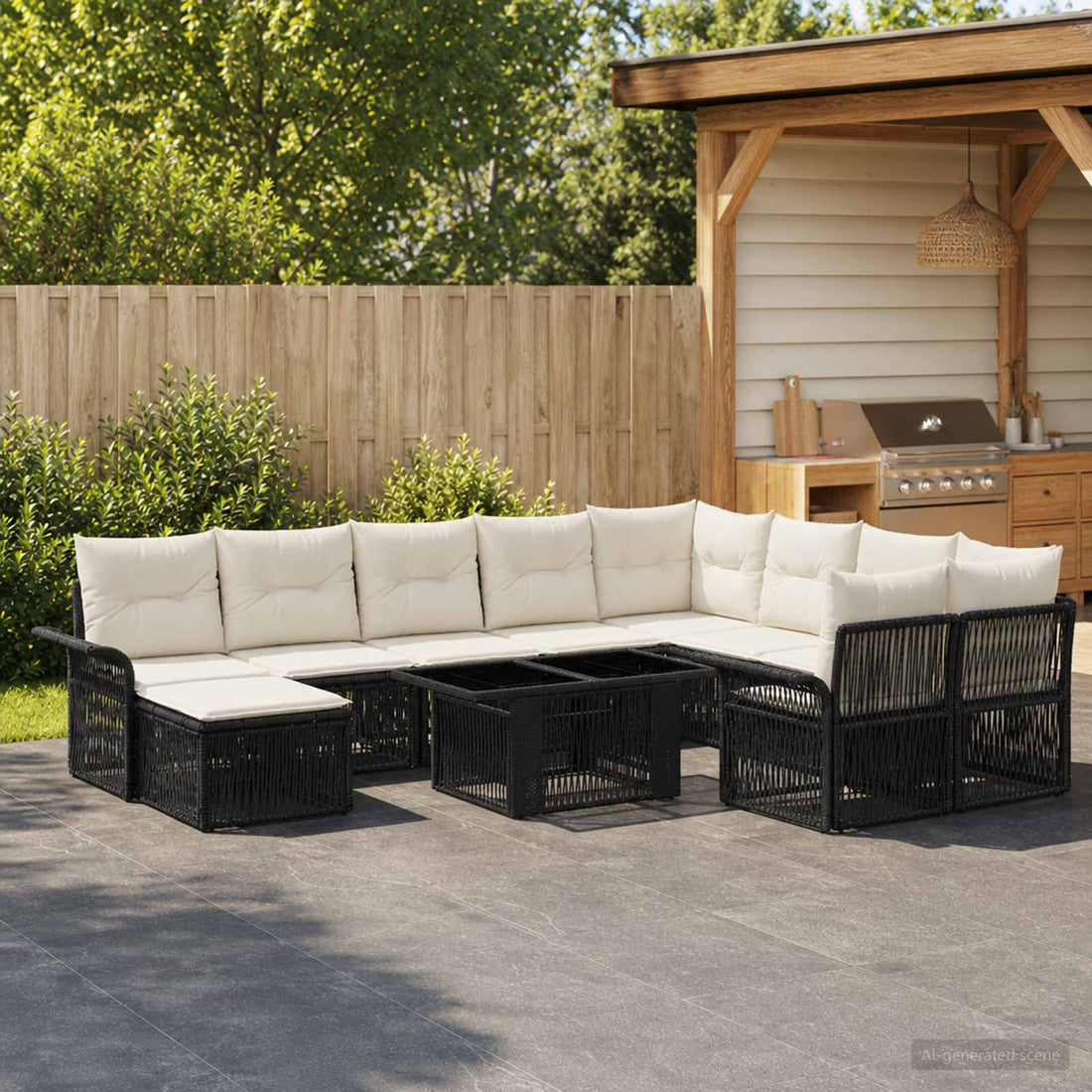 vidaXL Conjunto de sofás de jardín 11 uds. Negro y Blanco Crema