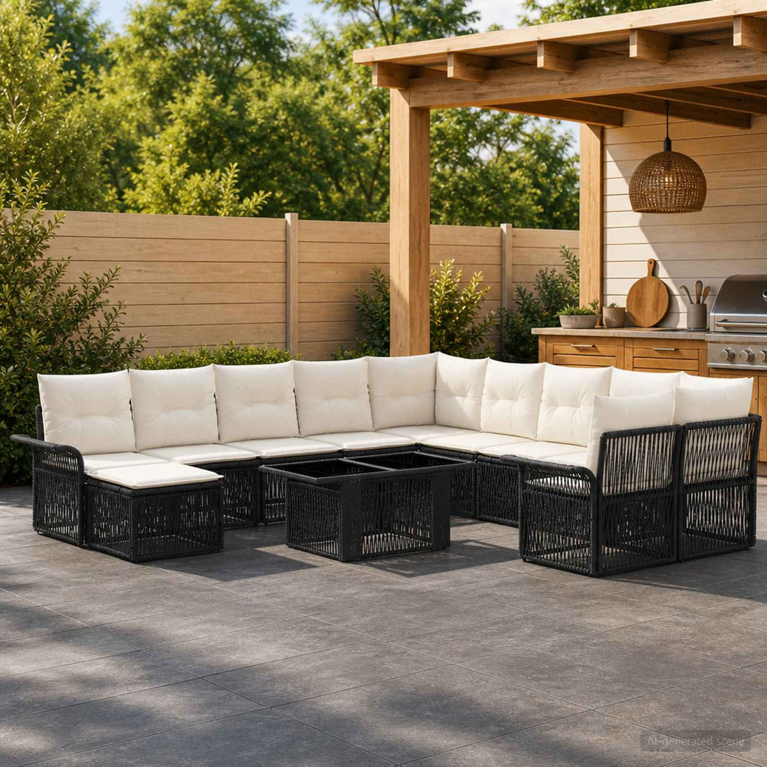 vidaXL Conjunto de sofás de jardín 12 uds. Negro y Blanco Crema