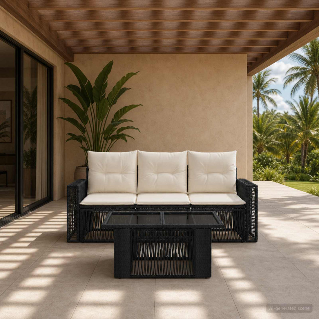 vidaXL Conjunto de sofás de jardín 4 uds. Negro y Blanco Crema
