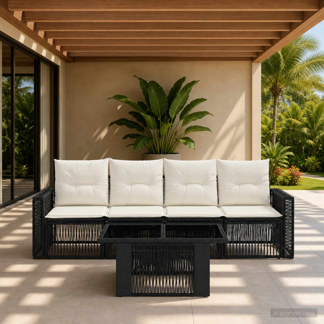 vidaXL Conjunto de sofás de jardín 5 uds. Negro y Blanco Crema