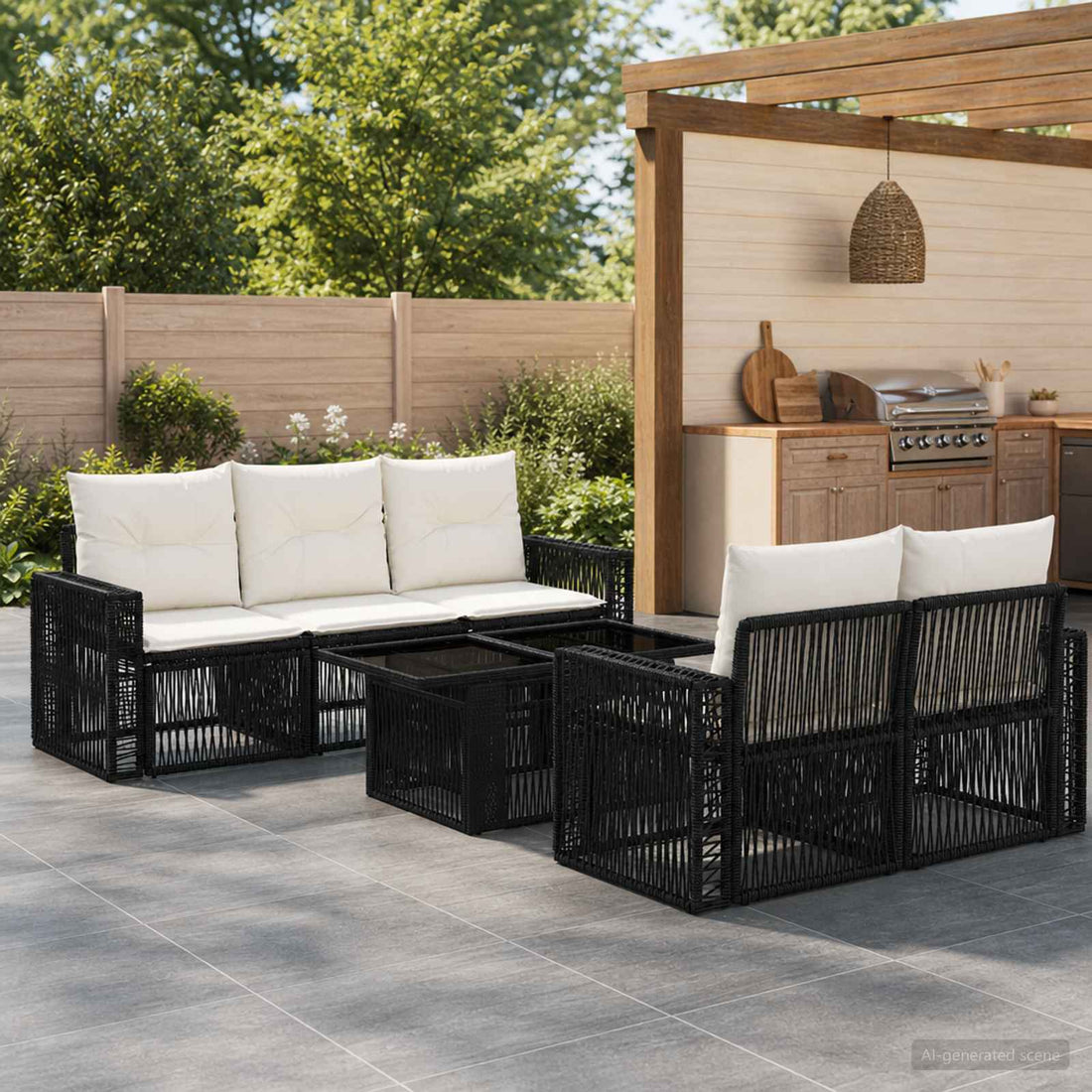vidaXL Conjunto de sofás de jardín 6 uds. Negro y Blanco Crema