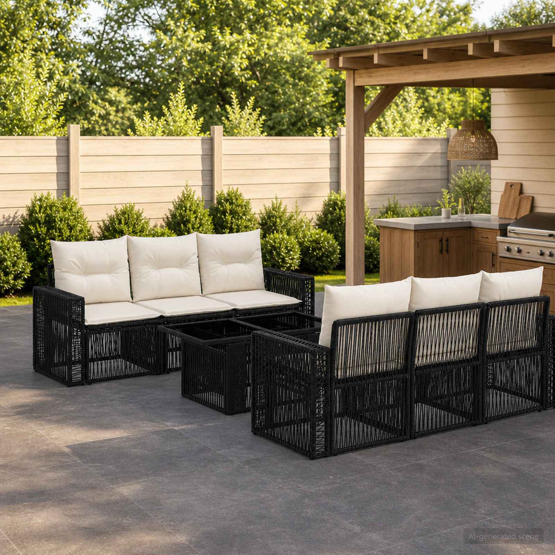 vidaXL Conjunto de sofás de jardín 7 uds. Negro y Blanco Crema