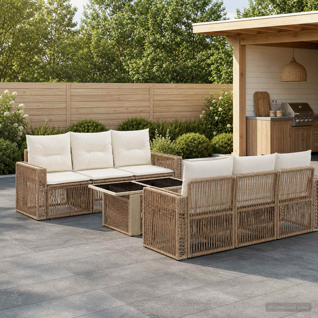 vidaXL Conjunto de sofás de jardín 7 uds. Beige y blanco crema
