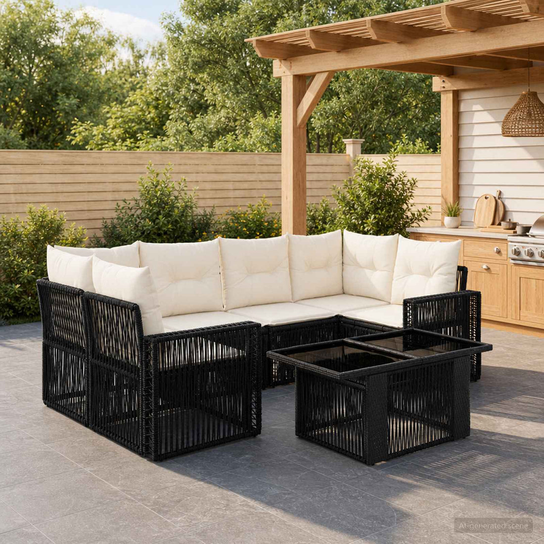 vidaXL Conjunto de sofás de jardín 7 uds. Negro y Blanco Crema