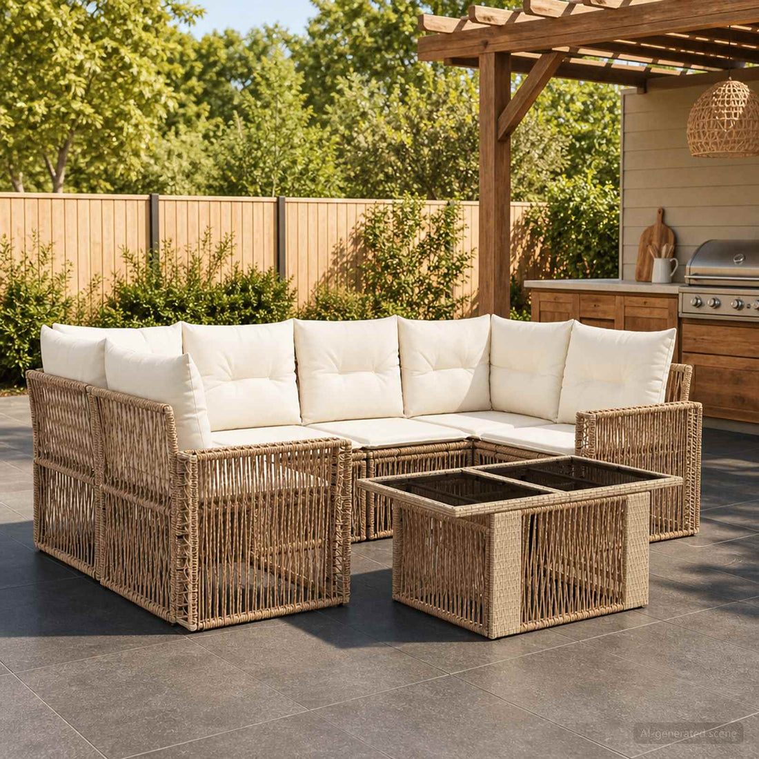 vidaXL Conjunto de sofás de jardín 7 uds. Beige y blanco crema