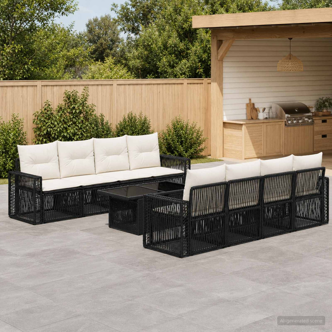 vidaXL Conjunto de sofás de jardín 9 uds. Negro y Blanco Crema