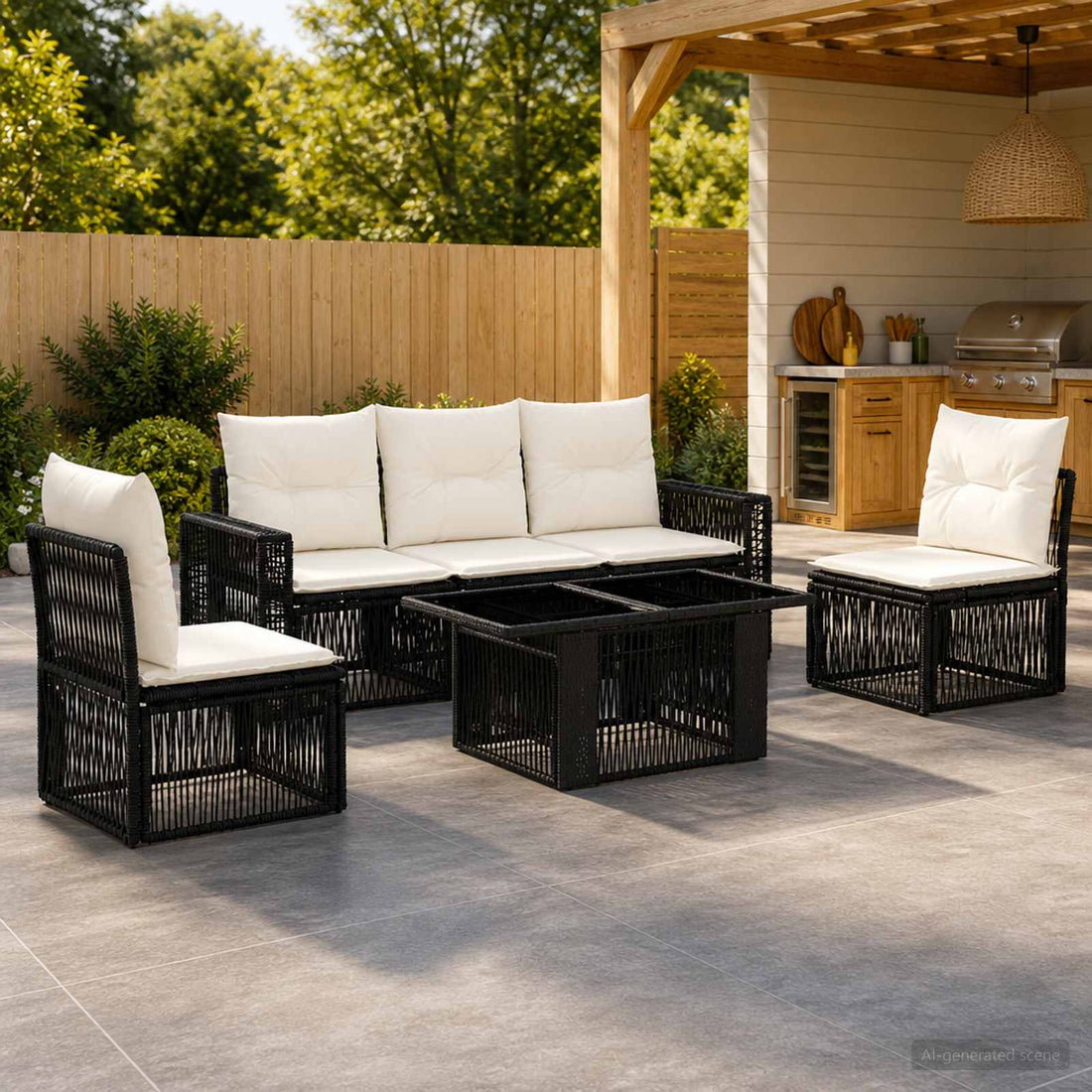 vidaXL Conjunto de sofás de jardín 6 uds. Negro y Blanco Crema