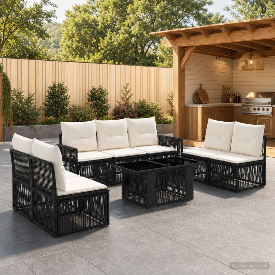 vidaXL Conjunto de sofás de jardín 8 uds. Negro y Blanco Crema