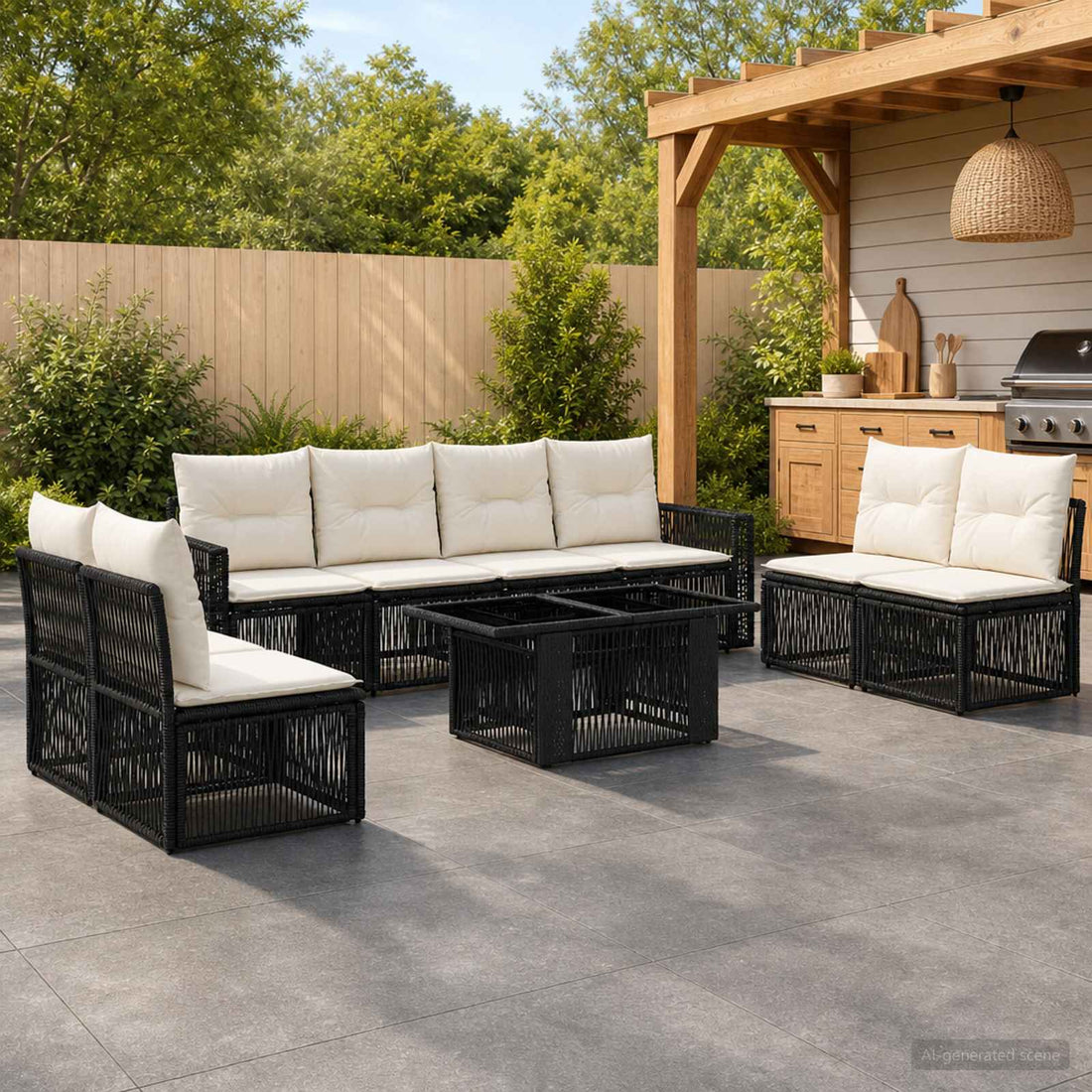 vidaXL Conjunto de sofás de jardín 9 uds. Negro y Blanco Crema