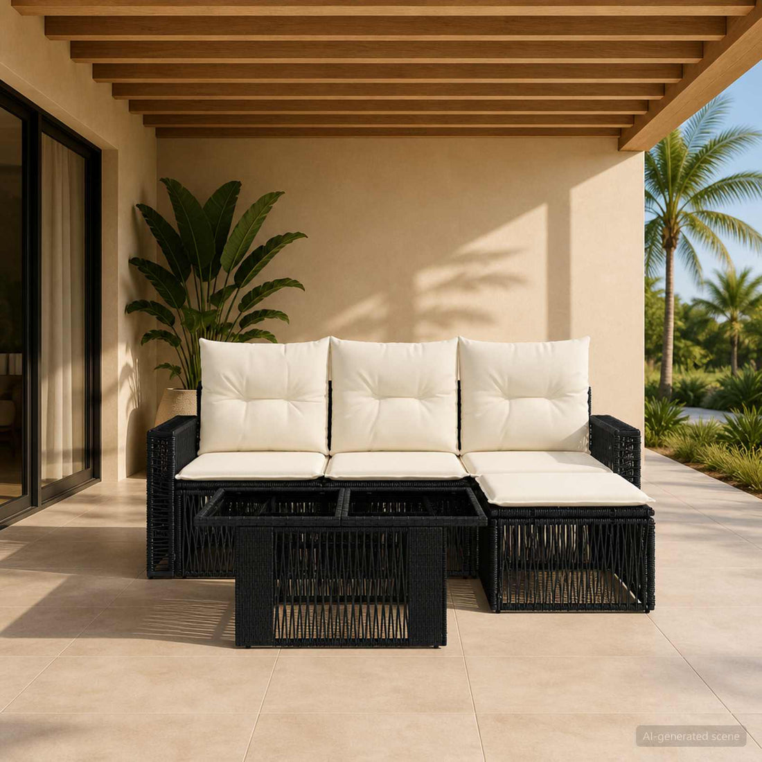 vidaXL Conjunto de sofás de jardín 5 uds. Negro y Blanco Crema