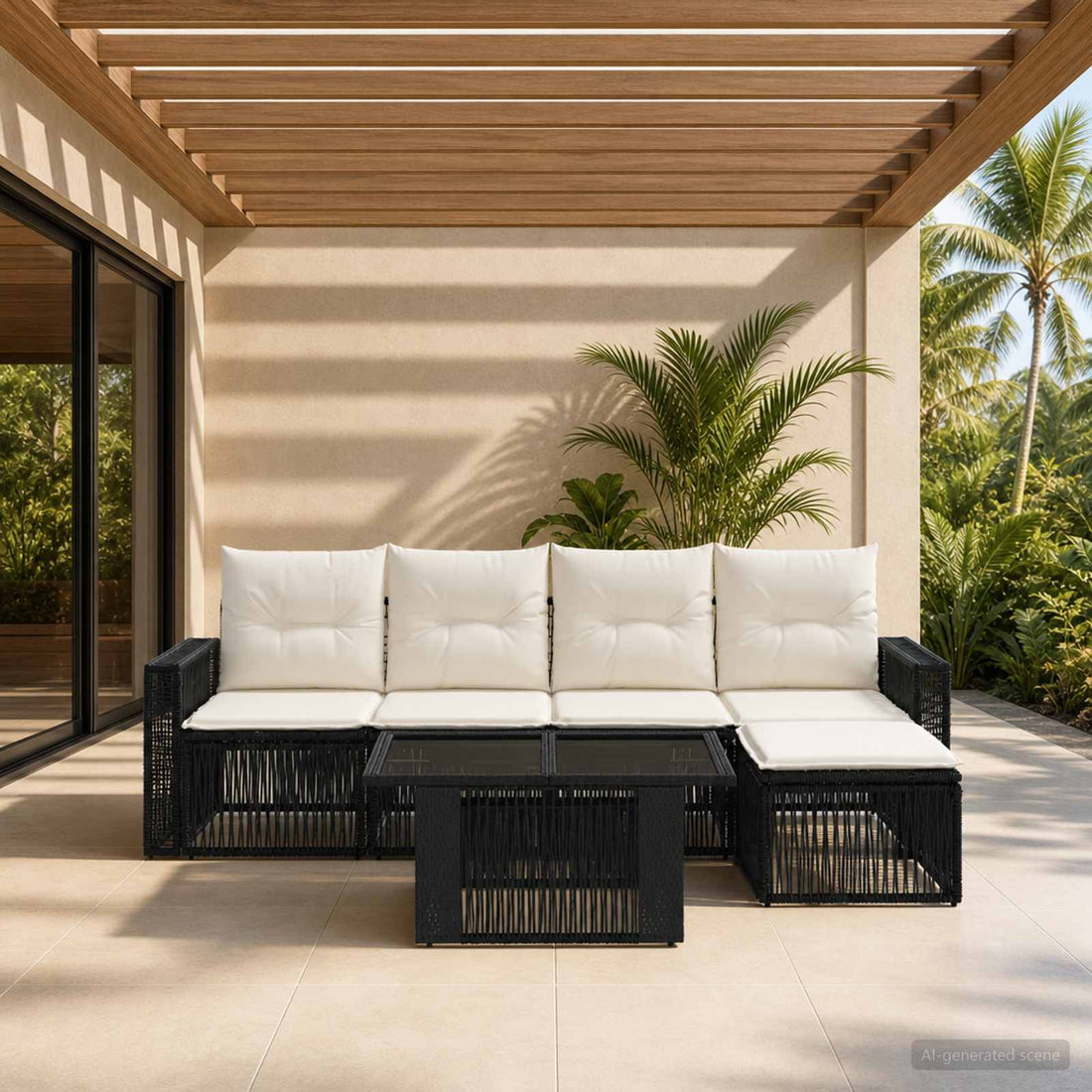 vidaXL Conjunto de sofás de jardín 6 uds. Negro y Blanco Crema