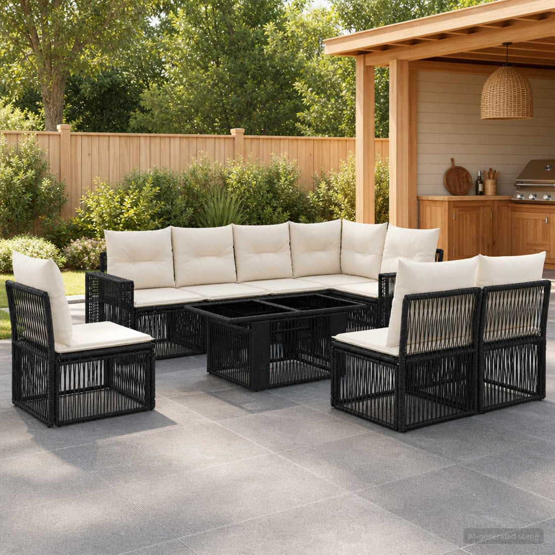 vidaXL Conjunto de sofás de jardín 9 uds. Negro y Blanco Crema