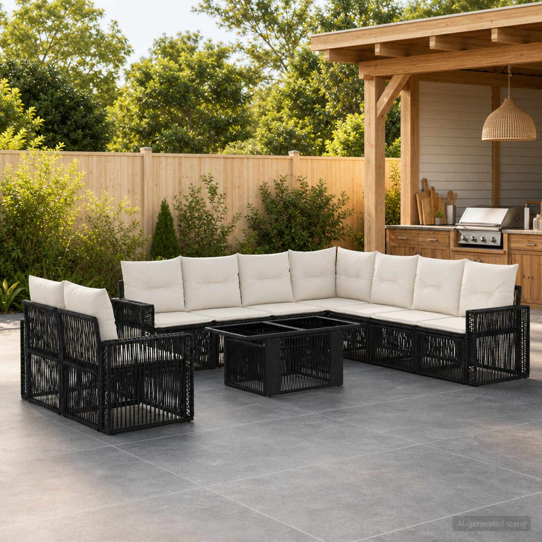 vidaXL Conjunto de sofás de jardín 10 uds. Negro y Blanco Crema