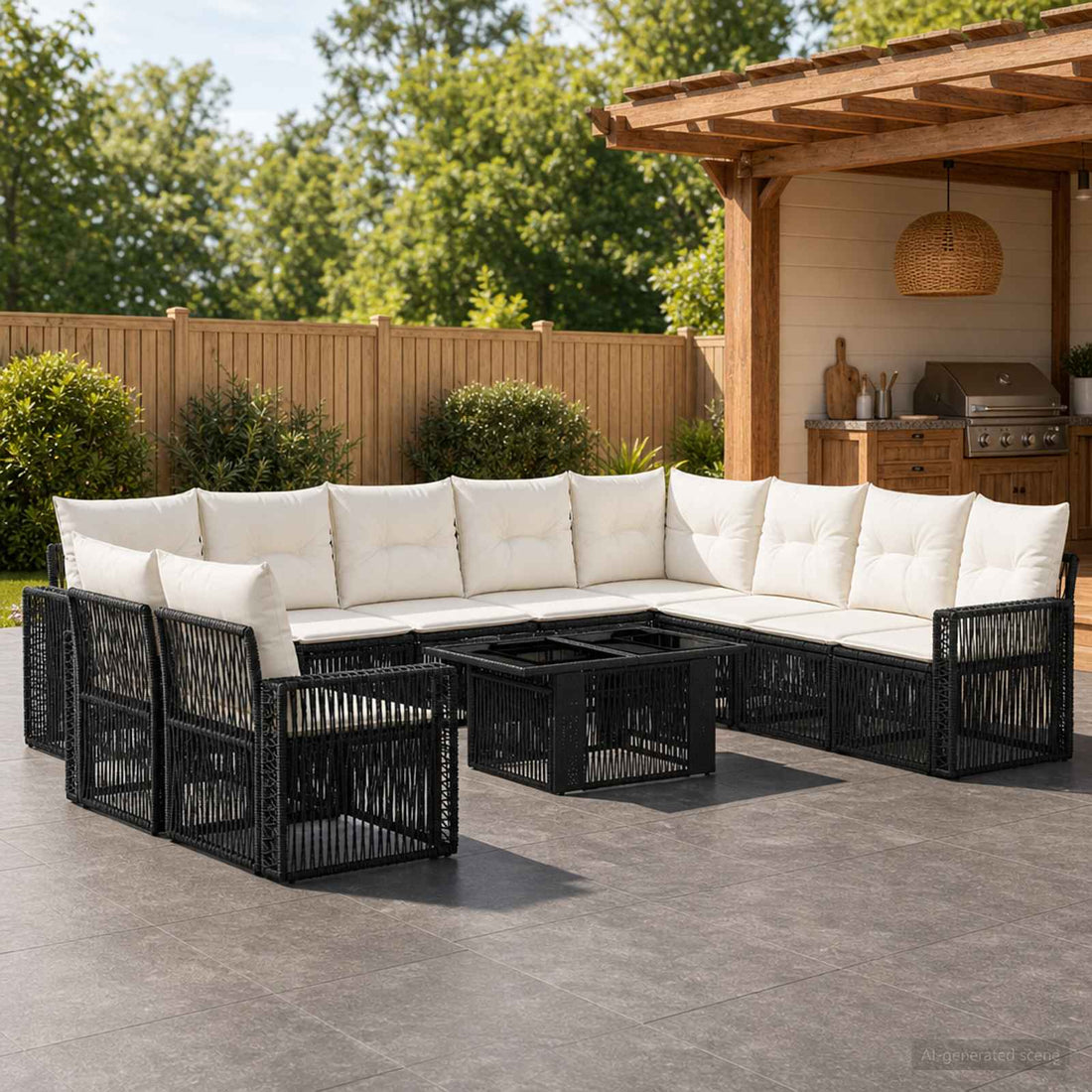 vidaXL Conjunto de sofás de jardín 11 uds. Negro y Blanco Crema