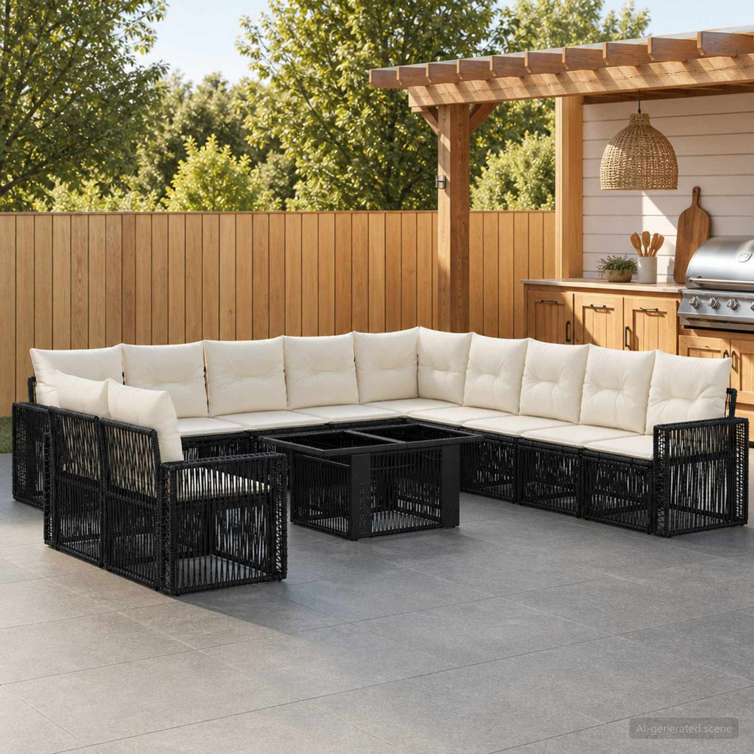 vidaXL Conjunto de sofás de jardín 12 uds. Negro y Blanco Crema