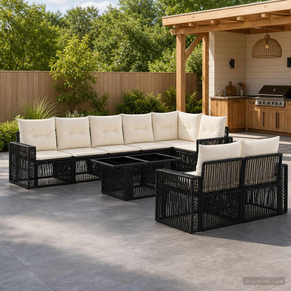 vidaXL Conjunto de sofás de jardín 9 uds. Negro y Blanco Crema