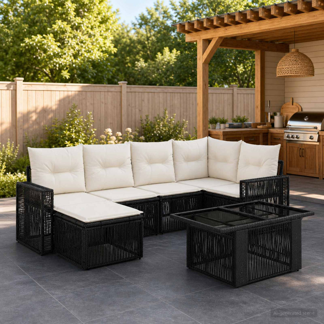 vidaXL Conjunto de sofás de jardín 7 uds. Negro y Blanco Crema
