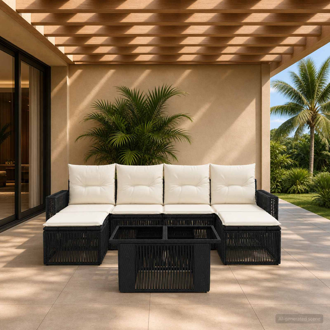 vidaXL Conjunto de sofás de jardín 7 uds. Negro y Blanco Crema