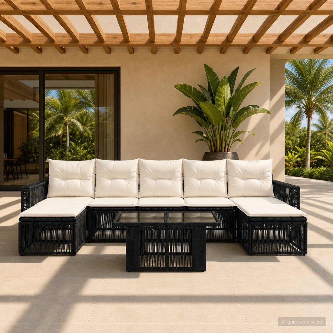 vidaXL Conjunto de sofás de jardín 8 uds. Negro y Blanco Crema