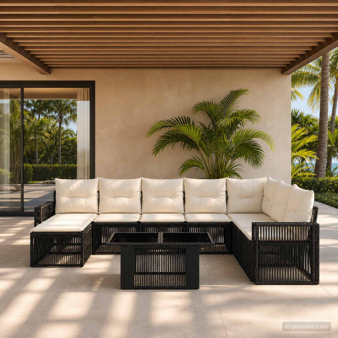 vidaXL Conjunto de sofás de jardín 9 uds. Negro y Blanco Crema
