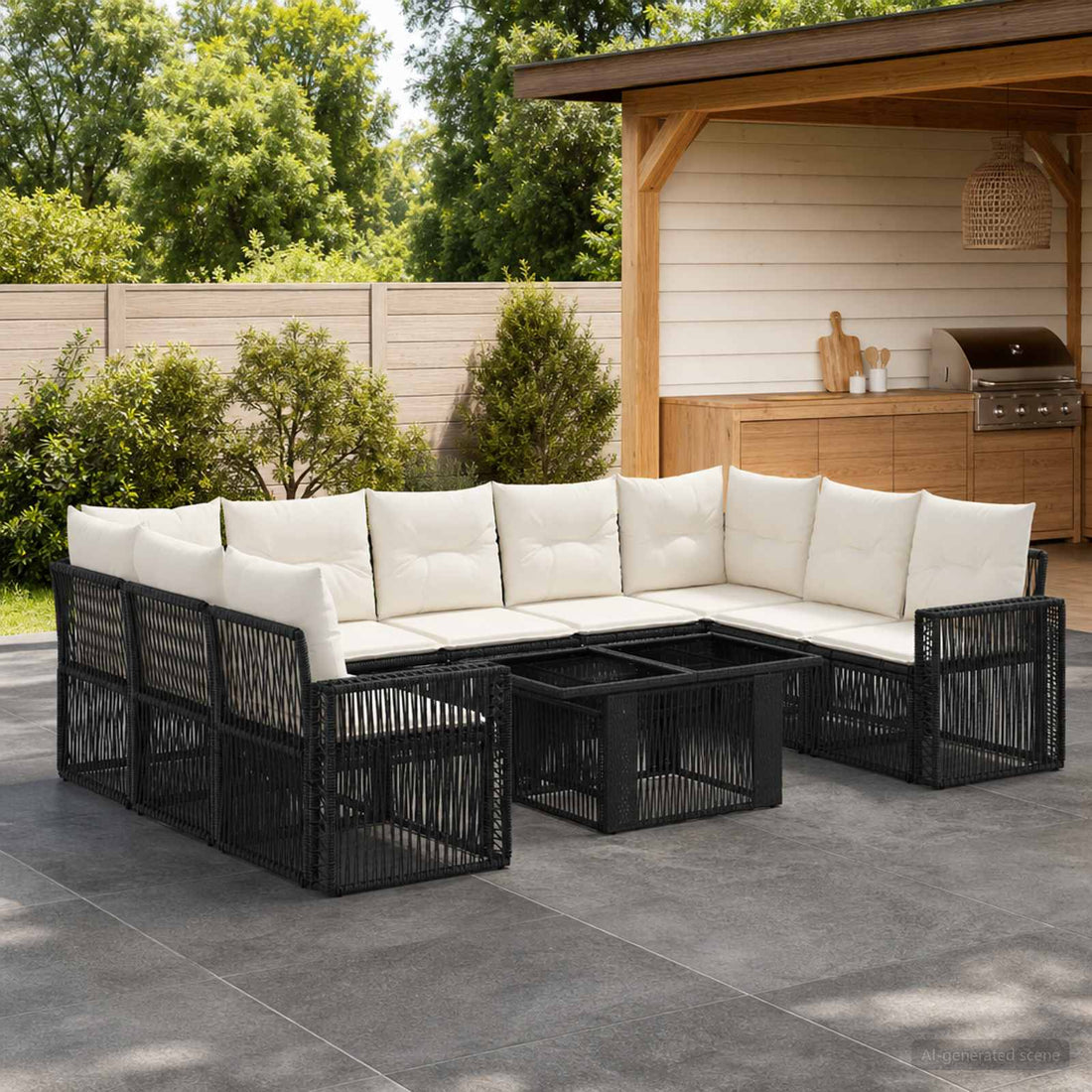 vidaXL Conjunto de sofás de jardín 10 uds. Negro y Blanco Crema