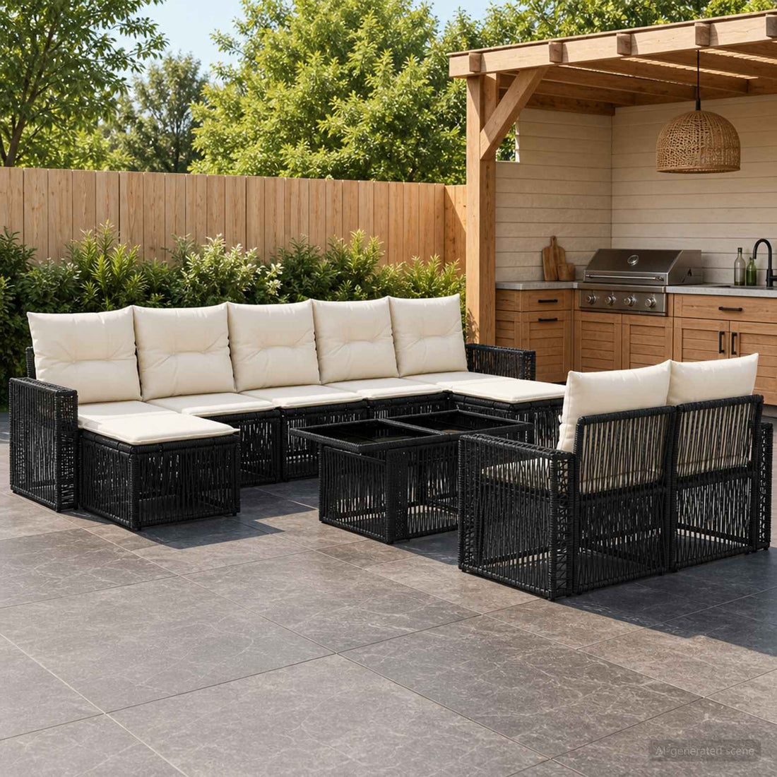 vidaXL Conjunto de sofás de jardín 10 uds. Negro y Blanco Crema