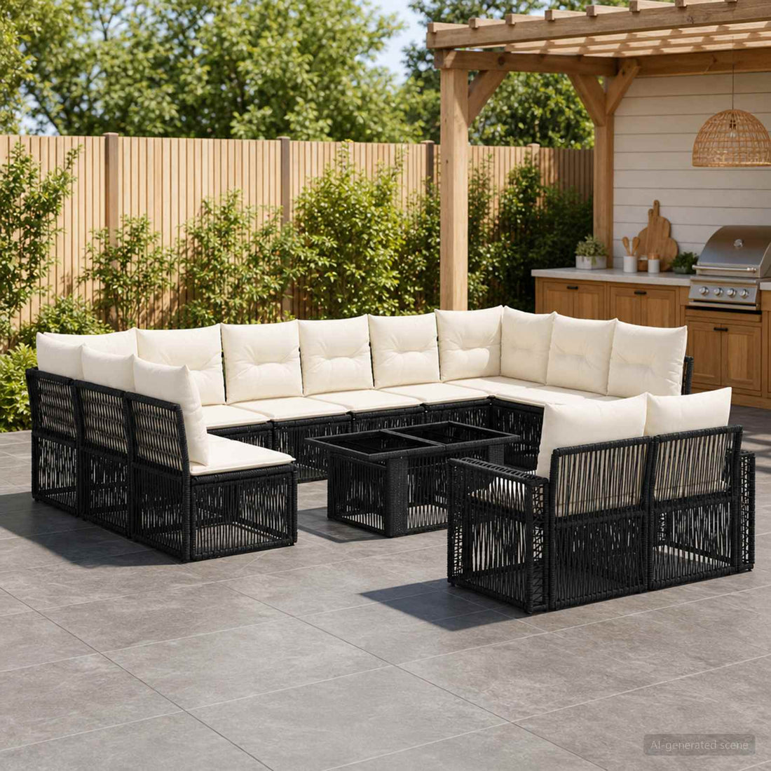 vidaXL Conjunto de sofás de jardín 13 uds. Negro y Blanco Crema