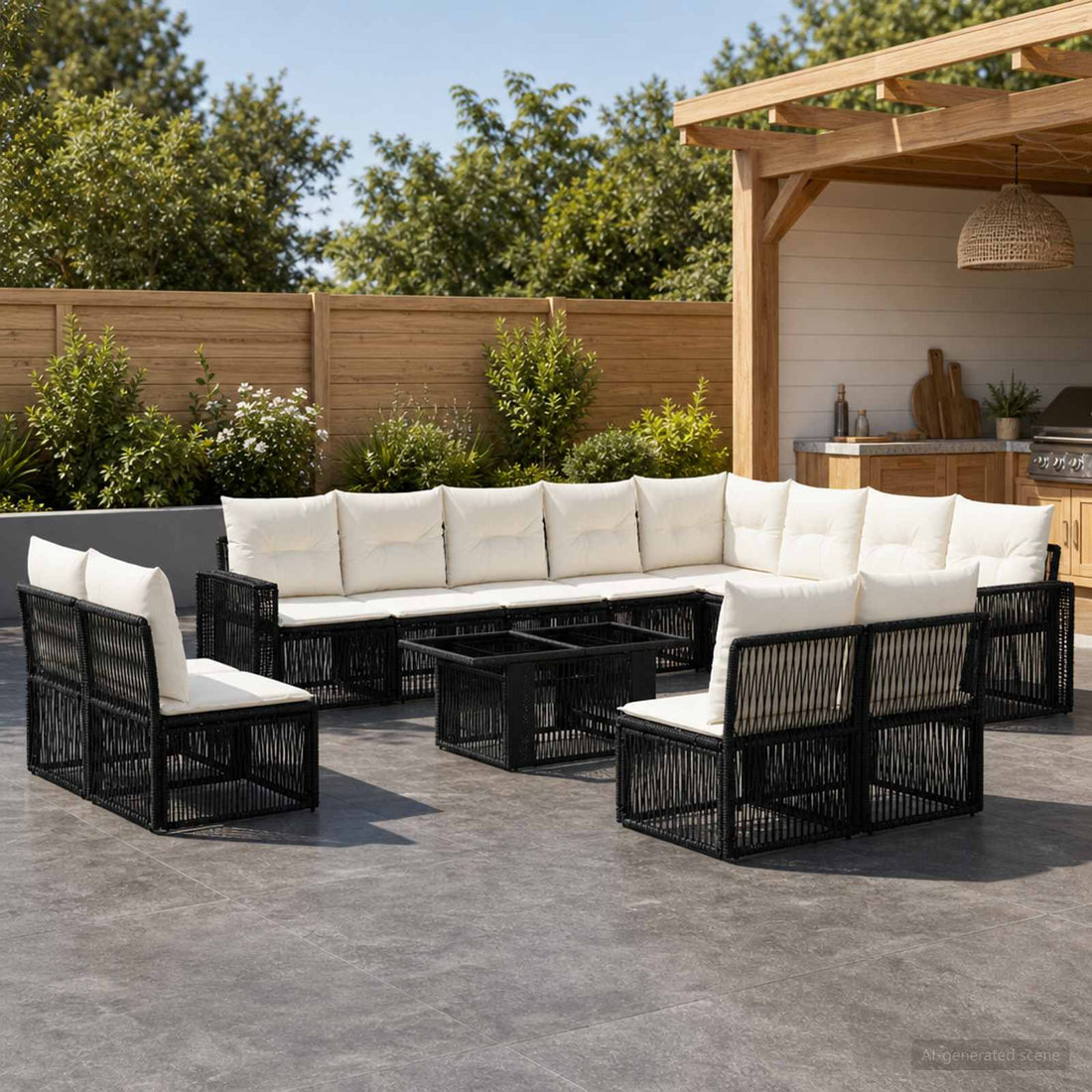 vidaXL Conjunto de sofás de jardín 13 uds. Negro y Blanco Crema