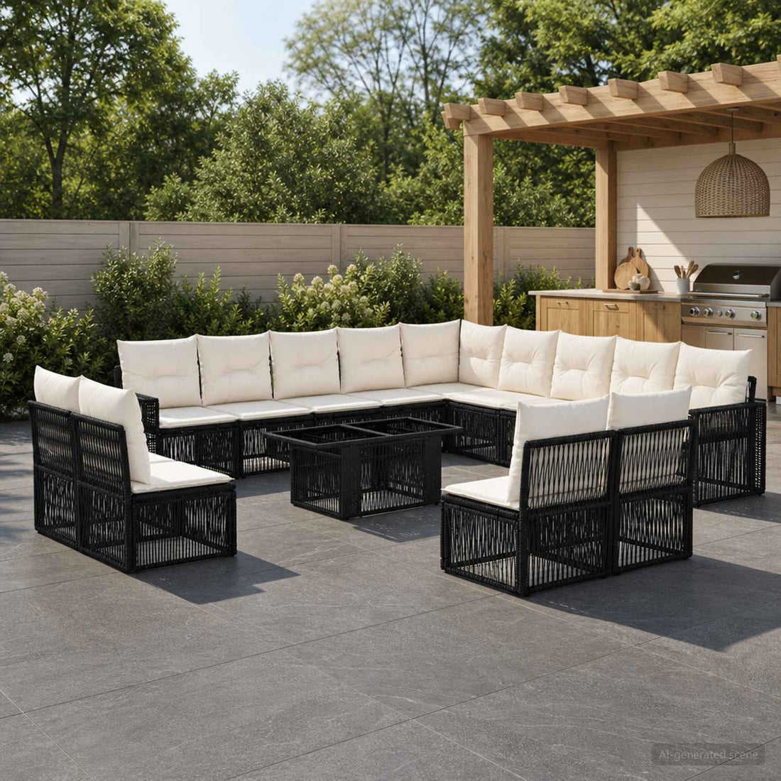 vidaXL Conjunto de sofás de jardín 14 uds. Negro y Blanco Crema