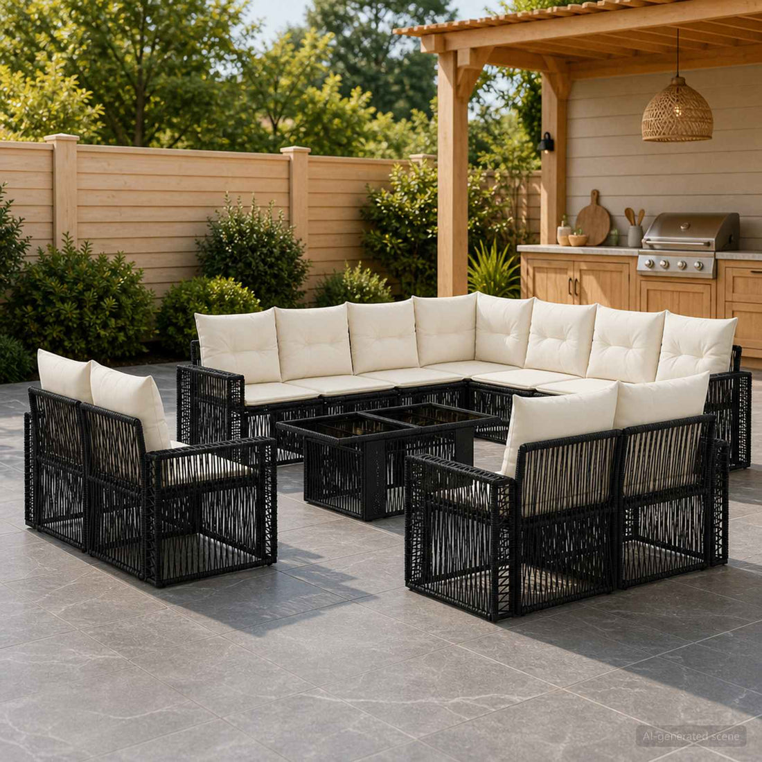 vidaXL Conjunto de sofás de jardín 12 uds. Negro y Blanco Crema