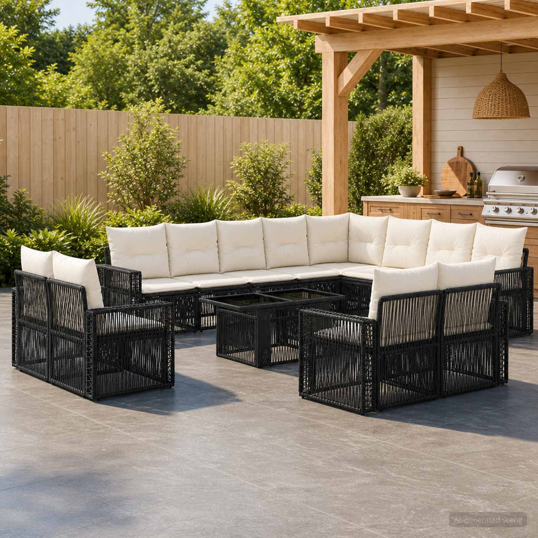 vidaXL Conjunto de sofás de jardín 13 uds. Negro y Blanco Crema