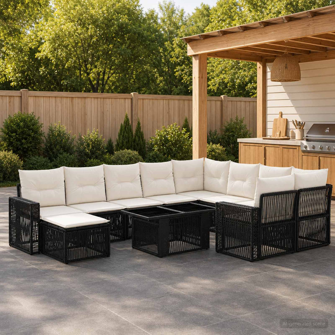 vidaXL Conjunto de sofás de jardín 11 uds. Negro y Blanco Crema
