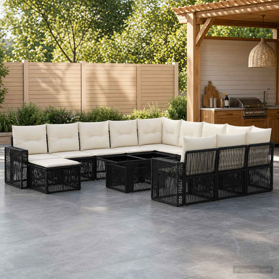 vidaXL Conjunto de sofás de jardín 13 uds. Negro y Blanco Crema
