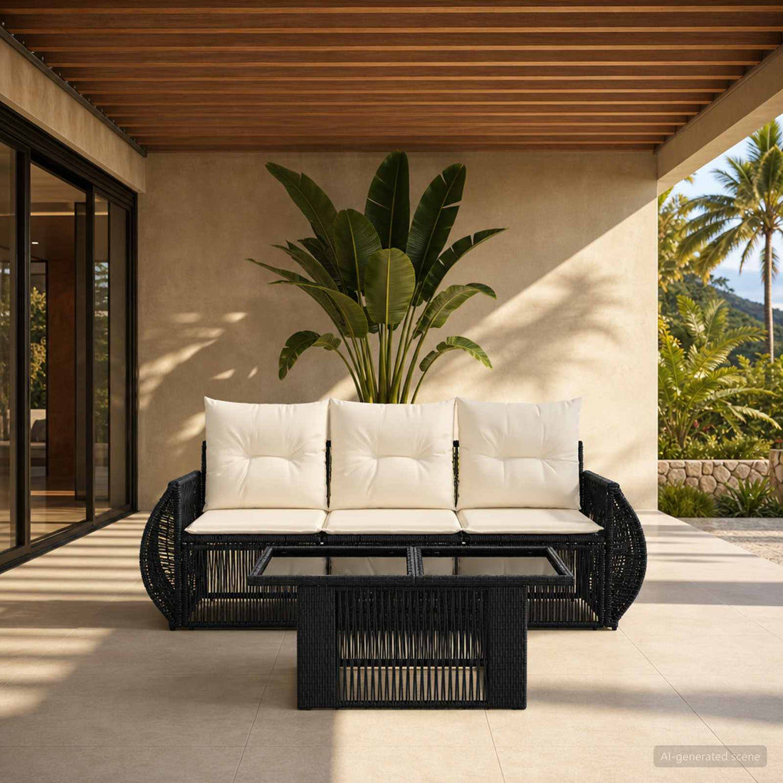 vidaXL Conjunto de sofás de jardín 4 uds. Negro y Blanco Crema