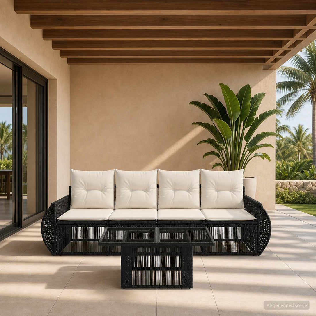 vidaXL Conjunto de sofás de jardín 5 uds. Negro y Blanco Crema