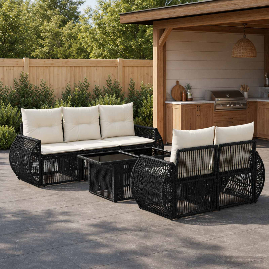 vidaXL Conjunto de sofás de jardín 6 uds. Negro y Blanco Crema