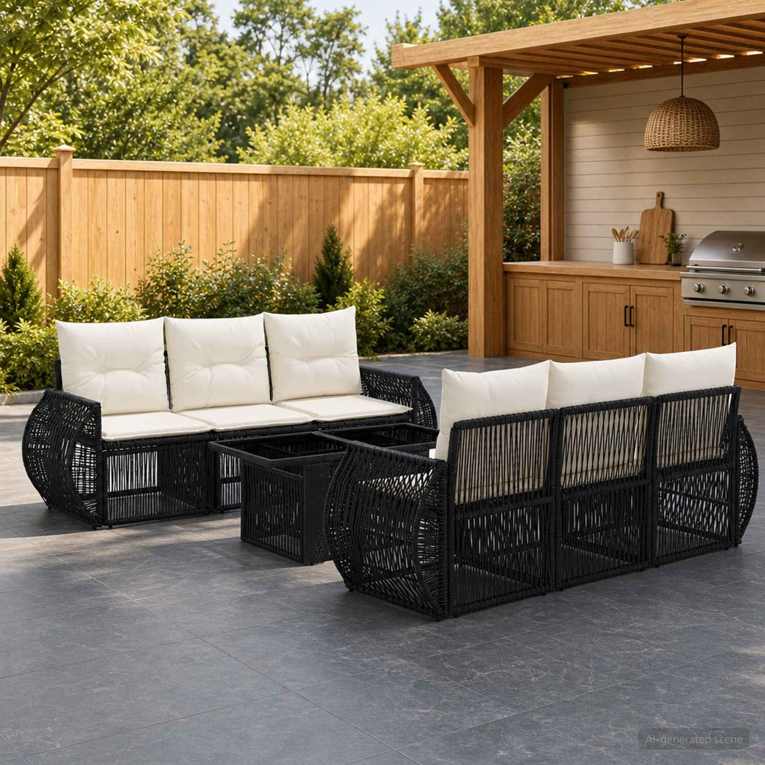 vidaXL Conjunto de sofás de jardín 7 uds. Negro y Blanco Crema